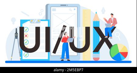 UX UI typographic header. App interface improvement. User interface design and user experience development. Modern technology concept. Flat vector ill Stock Vector