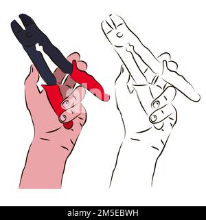 The hand holds the cable cutter for operation. The concept of cutting cables. Stock Vector