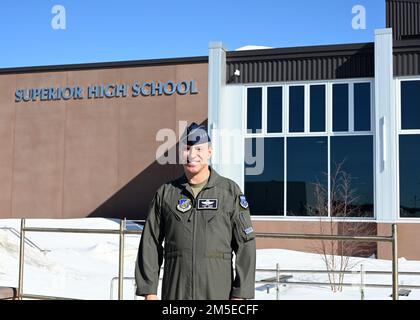 Lt. Gen. Scott L. Pleus, Seventh Air Force commander, poses in front of Superior High School, Superior, Wisconsin, March 7, 2022. Pleus is an alumni of Superior High School and went back to talk about his experience and accomplishments in the Air Force with a group of students as part of the General Officer Inspire program. Stock Photo