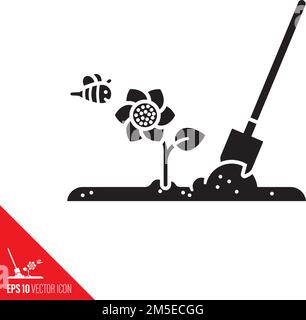 Gardening concept vector glyph icon. Shovel in soil, flower and bee symbol Stock Vector
