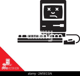 Vintage personal computer not working, dead face on screen, vector glyph icon. System crash symbol. Stock Vector