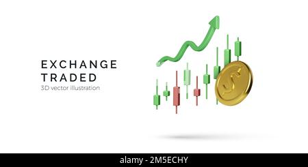 Candlestick chart with 3D arrow up and gold coin. Stock exchange trade. Business banner for mobile app or online trading platform. Vector illustration Stock Vector