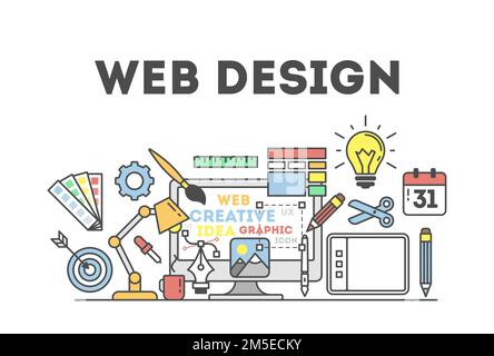 Web design illustration with icons. Concept of creating websites, creating logos and more. Stock Vector
