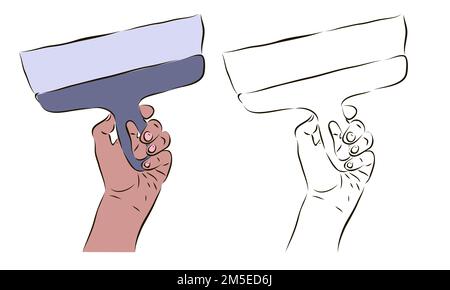 The worker's hand holds a spatula. The concept of working with a spatula. Stock Vector
