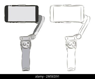 Phone stabilizer in color and black and white. The concept of shooting video and photos with a stabilizer. Stock Vector