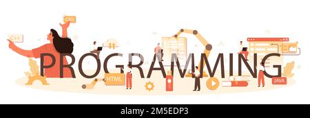 Programming typographic header. Building and development process. Web page or website development and codding. Digital specialist. Isolated flat illus Stock Vector