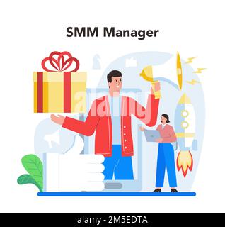 SMM concept. Social media marketing, advertising of business in the internet through social network. Content management. Isolated flat illustration Stock Vector