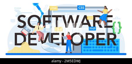 Software developer typographic header. Idea of programming and coding, system development. Digital technology. Software developing company writing cod Stock Vector