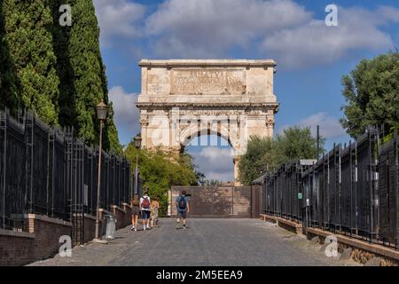 Rome, Italy, Arch of Titus (Italian: Arco di Tito; Latin: Arcus Titi) at the entrance to Roman Forum, ancient city landmark built in AD 81 by the Empe Stock Photo