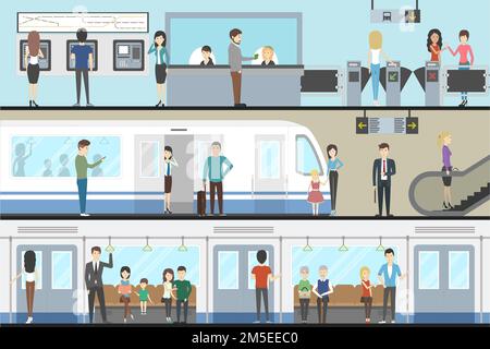 Subway interior set with train, enter and inside the railway. Stock Vector