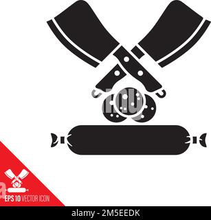 Chopping board, butcher knives and sausage vector icon. Meat glyph symbol. Stock Vector