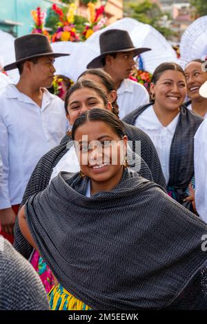 Dancers in traditional dress from Miahuatlan at the Guelaguetza dance festival in Oaxaca, Mexico. Stock Photo