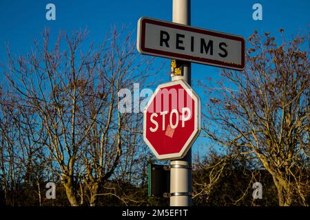 Reims, France - December 27, 2022 Street sign or road sign, erected at the side of or above roads to provide information to road user in the downtown Stock Photo