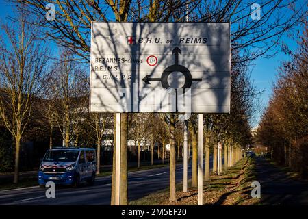 Reims, France - December 27, 2022 Street sign or road sign, erected at the side of or above roads to provide information to road user in the downtown Stock Photo