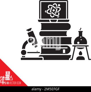 Scientific equipment, books and laptop computer vector glyph icon. Science Education Concept. Stock Vector