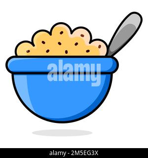 Cartoon blue plate with oatmeal. Porridge with raisins. Vector illustration isolated on white background. Stock Vector