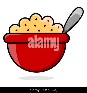 Cartoon red plate with oatmeal. Porridge with raisins. Vector illustration isolated on white background. Stock Vector