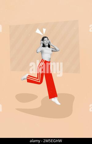 Creative abstract collage template graphics image of smiling excited lady enjoying music headphones isolated drawing background Stock Photo