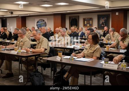 Deputy Secretary of Defense Kathleen H. Hicks speaks with senior U.S. Navy officers, master chiefs and civilians during the Navy’s 3-4 Star Symposium at the Washington Navy Yard, Washington D.C., March 8, 2022. Stock Photo