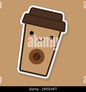 Sticker of a cute cartoon coffee glass. Vector illustration. Stock Vector