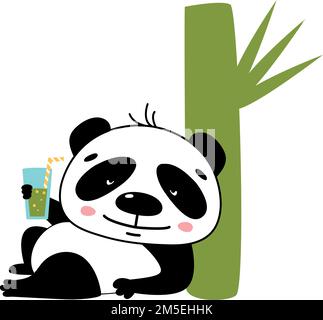 Resting panda with drink glass. Funny cartoon bear Stock Vector