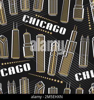 Vector Chicago Seamless Pattern, square repeat background with illustration of famous chicago city scape on dark background for wrapping paper, decora Stock Vector