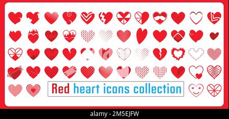 Red heart icons collection. Different styles of heart set. Red heart symbol for Valentine's Day. Stock Vector