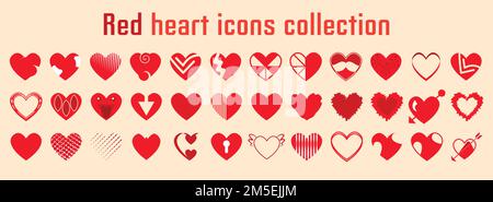 Red heart icons collection. Different styles of heart set. Red heart symbol for Valentine's Day. Stock Vector