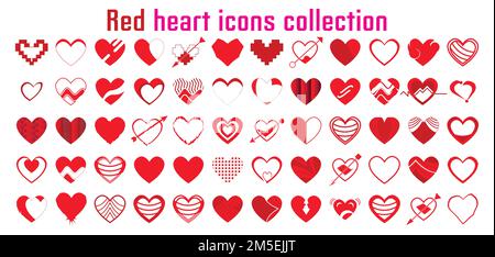 Red heart icons collection. Different styles of heart set. Red heart symbol for Valentine's Day. Stock Vector