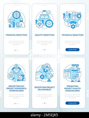 Project management processes blue onboarding mobile app screens set Stock Vector