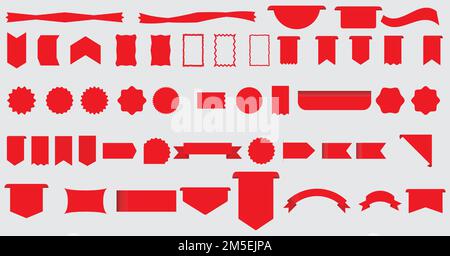 Tags red set. Sale and new label set. Red scrolls and banners isolated collection. Discount red ribbons, banners, shopping tags, and icons. Stock Vector