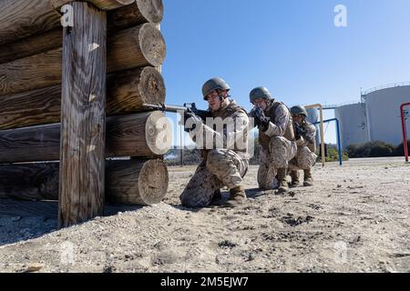 U.S. Marine Corps recruits with Mike Company, 3rd Recruit Training Battalion, participate in the bayonet assault course at Marine Corps Recruit Depot, San Diego, March 8, 2022. This training teaches and applies techniques from the Marine Corps Martial Arts Program. Stock Photo