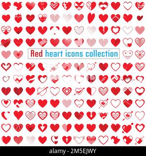 Red heart icons collection. Different styles of heart set. Red heart symbol for Valentine's Day. Stock Vector