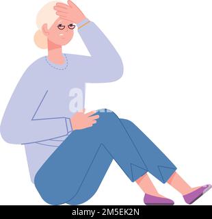 Old woman sit on floor after falling down. Elderly person hurting isolated on white background Stock Vector