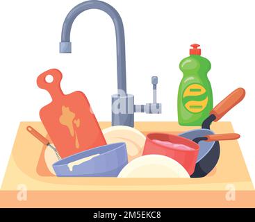 Dirty dishes in sink. Cartoon messy kitchen wash isolated on white background Stock Vector