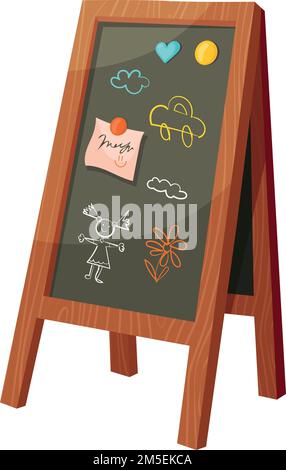 Blackboard with kid chalk drawings. Child education cartoon icon isolated on white background Stock Vector