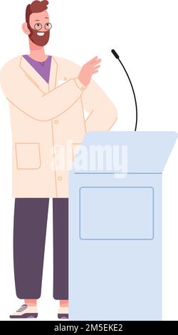 Public speaker scientist. Man in lab coat on seminar isolated on white background Stock Vector