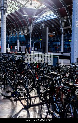 Dozens of cycles locked up on the platform on a strike day on an empty platform at Paddington station. Stock Photo