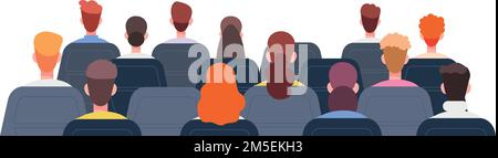 Seminar audience. People sitting on chairs rear view isolated on white background Stock Vector