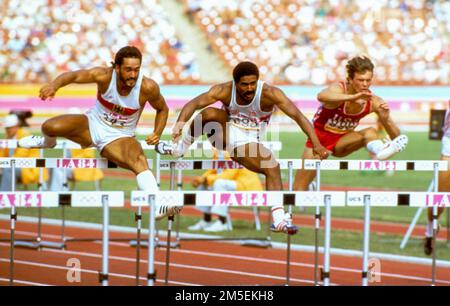 OLYMPIC SUMMER GAMES IN LOS ANGELES 1984DALEY THOMPSON British decathlon athlete against Jurgen Hingsen Germany at 110 m hurdles at Olympic summer games in Los Angeles Stock Photo