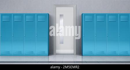 Blue lockers in school corridor and closed door to class room. Vector realistic interior of hallway with individual metal cabinets in sport or fitness club, college, university Stock Vector
