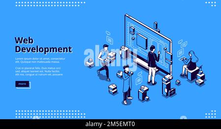 Web development isometric landing page. Programmers coding website cross platform, adaptive layout, internet page interface on computer and mobile phone screen, site creation 3d vector line art banner Stock Vector