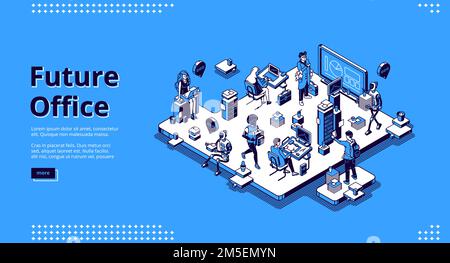 Future office isometric landing page. Human and ai robots work together. Robotic employees with people in futuristic workplace. Cyborgs automation artificial intelligence 3d vector line art web banner Stock Vector