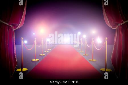 red carpet with corded barriers satin curtains and flashes on the black background. 3d render Stock Photo
