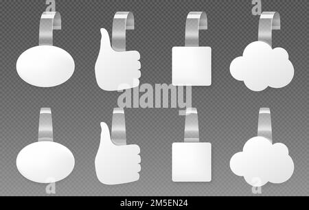 Advertising wobblers, speech bubbles mockup set. Blank price pop up tags hang on wall. White paper promotion stickers on plastic strips. Isolated clear pricing labels, Realistic 3d vector mock up Stock Vector