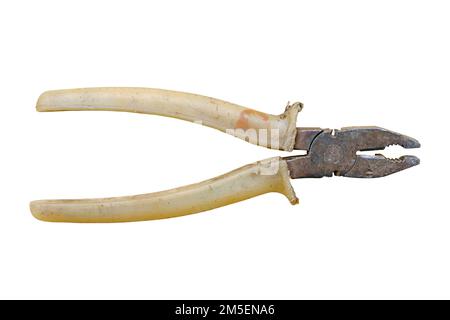 Old rusty pliers isolated on white background, closeup tool cot out Stock Photo