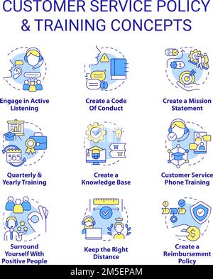 Customer service policy and training concept icons set Stock Vector