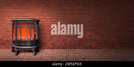 Old red  brick wall texture background with Classical iron stove Stock Photo