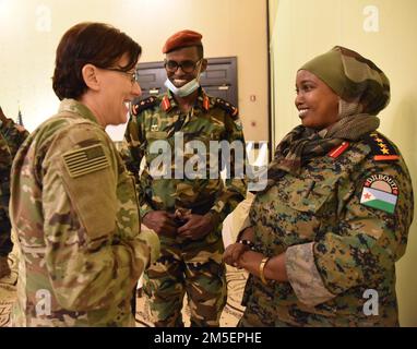 Army 1st Sgt. Marissa Lowe, left, the senior human resources noncommissioned officer with the Kentucky Army National Guard’s 63rd Theater Aviation Brigade, talks with a female Djiboutian officer during a State Partnership Program planning conference at Kempinski Palace, Djibouti City, Djibouti, March 8, 2022. (Photo provided) Stock Photo