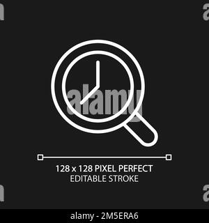 Magnifying glass with clock pixel perfect white linear icon for dark theme Stock Vector